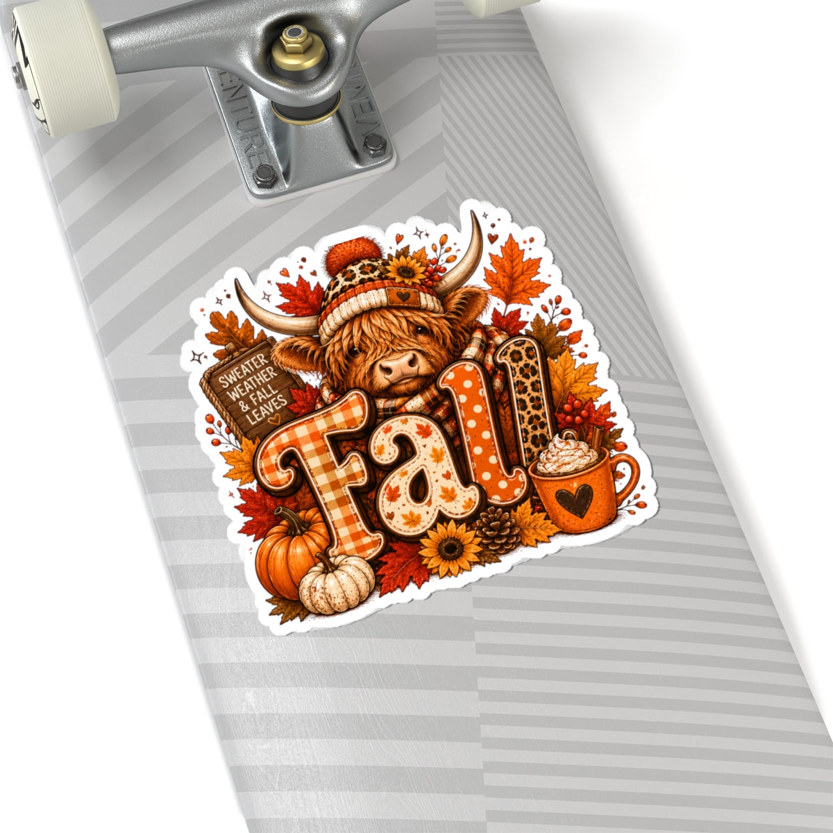 Highland Cow Fall Sticker Kiss-Cut | Autumn Leaves Pumpkin Coffee Laptop Decal