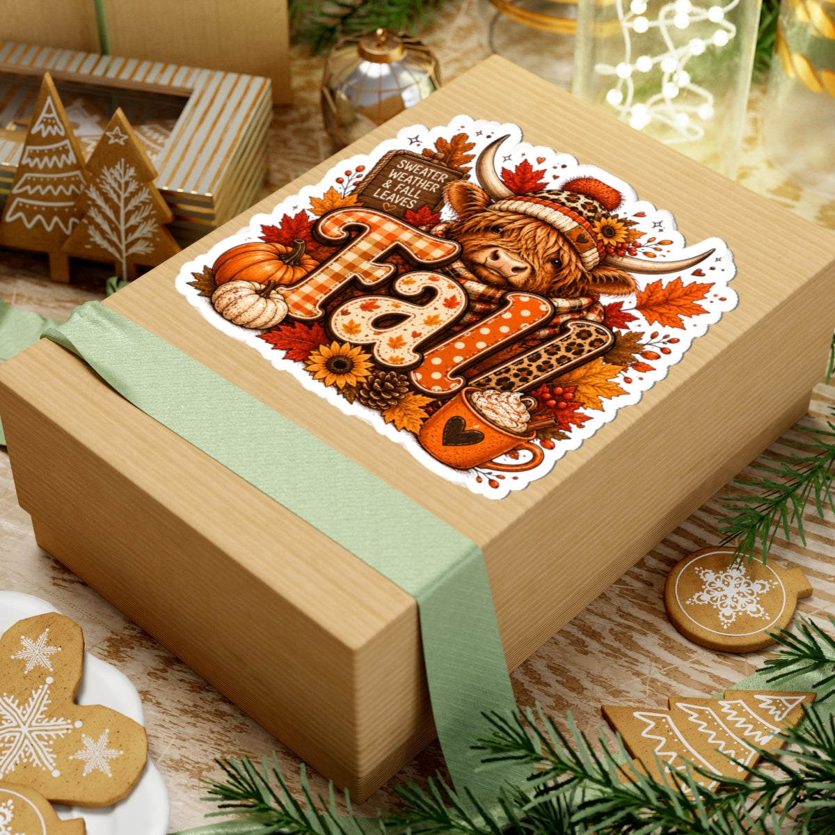 Highland Cow Fall Sticker Kiss-Cut | Autumn Leaves Pumpkin Coffee Laptop Decal