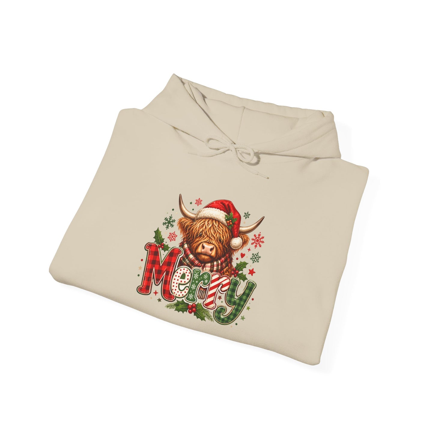 Christmas Highland Cow 'Merry' Hoodie – Cute Plaid Holiday Sweatshirt