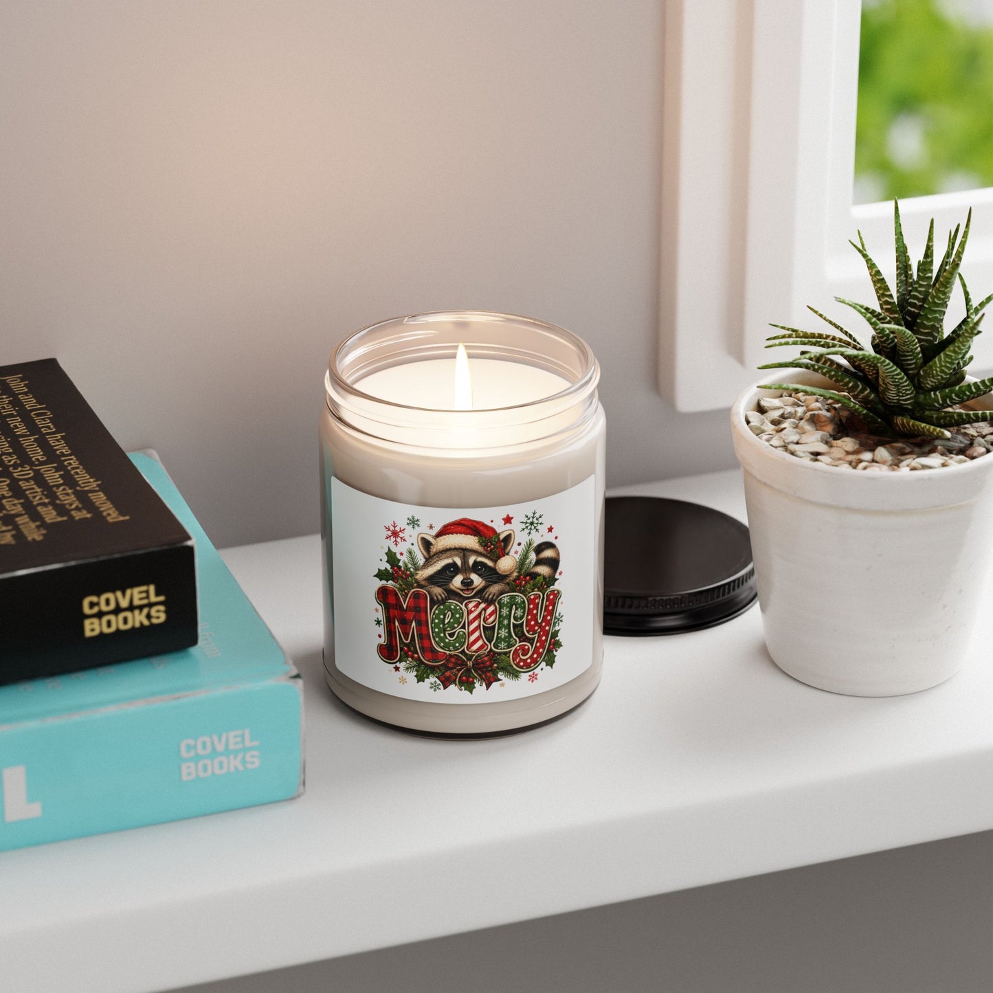 Merry Raccoon Christmas Soy Candle — Holiday Scented 9oz Jar