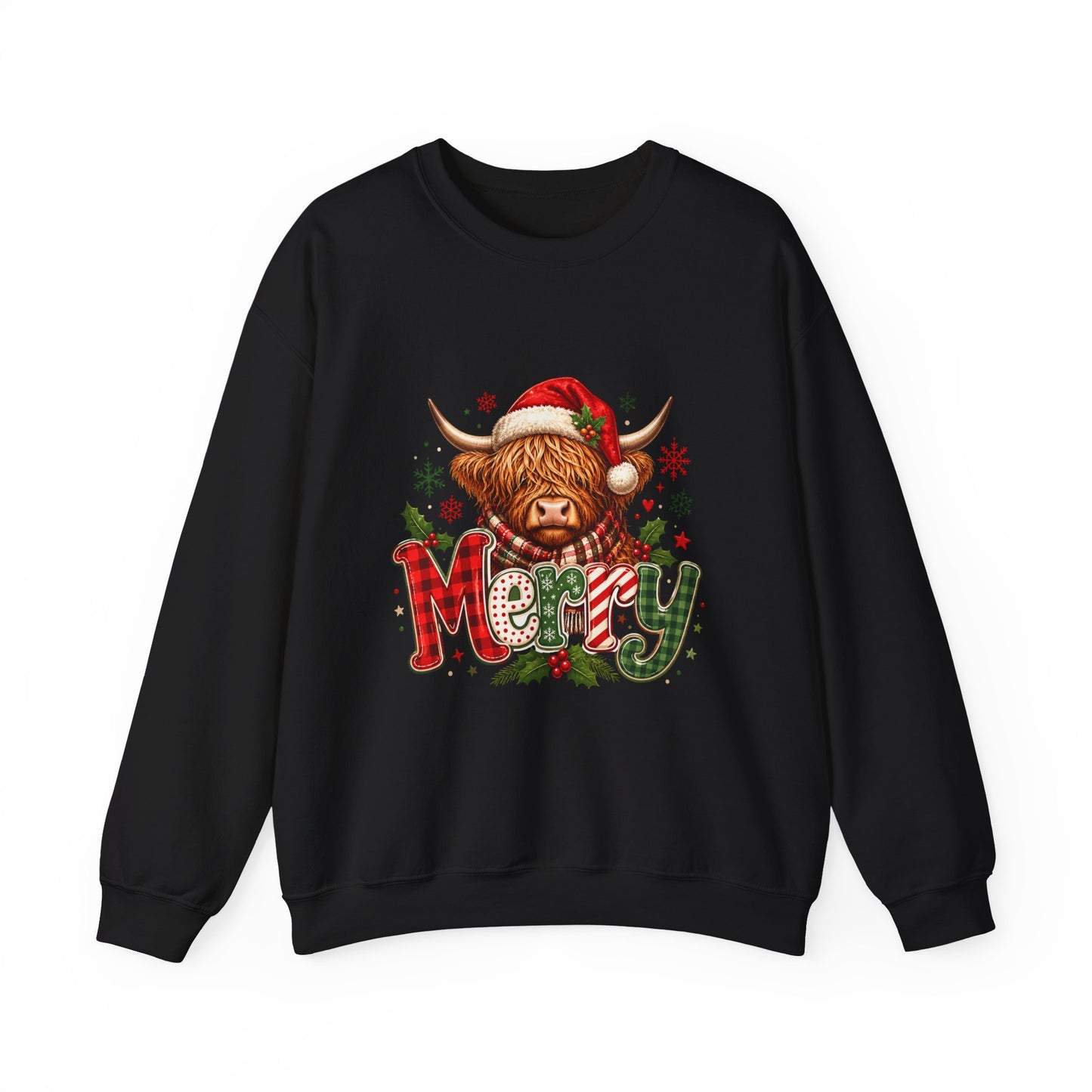 Christmas Highland Cow 'Merry' Sweatshirt – Festive Holiday Crewneck