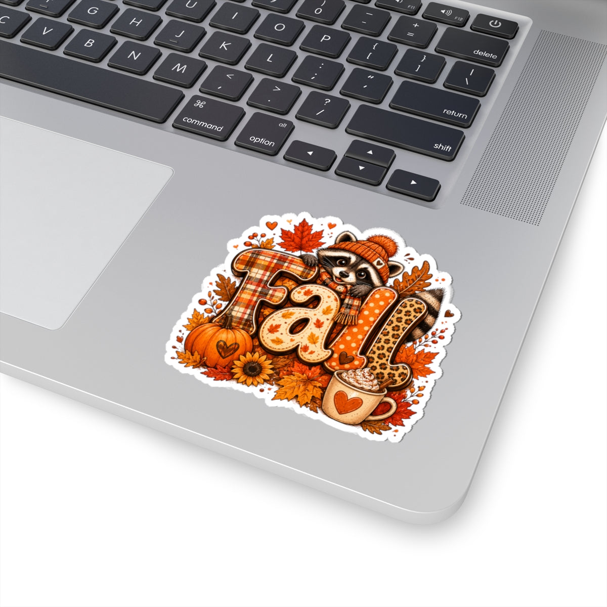Fall Raccoon Sticker | Autumn Leaves Pumpkin Hot Cocoa Kiss-Cut Sticker