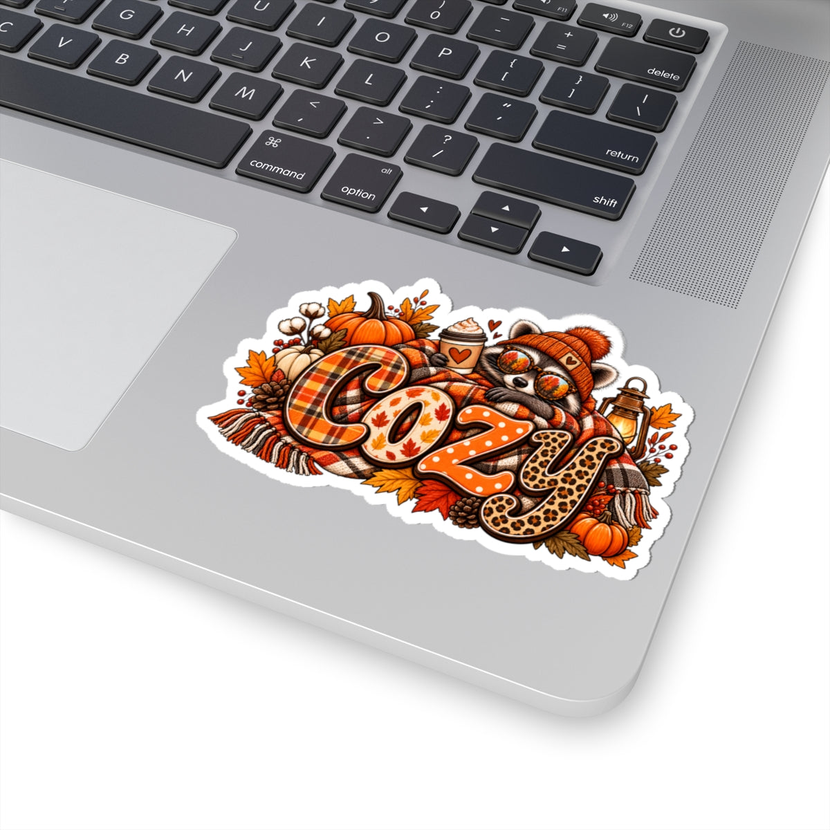 Cozy Autumn Racoon Sticker | Fall Pumpkins Plaid Leopard Kiss-Cut Sticker