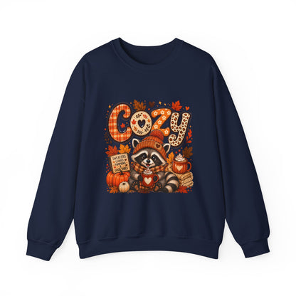 Cozy Raccoon Fall Crewneck Sweatshirt | Autumn Pumpkin Leaves