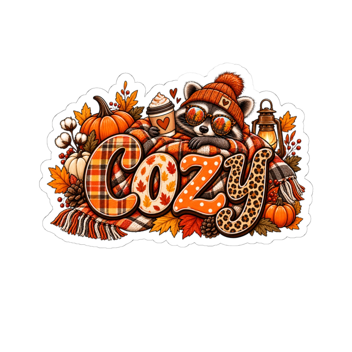 Cozy Autumn Racoon Sticker | Fall Pumpkins Plaid Leopard Kiss-Cut Sticker