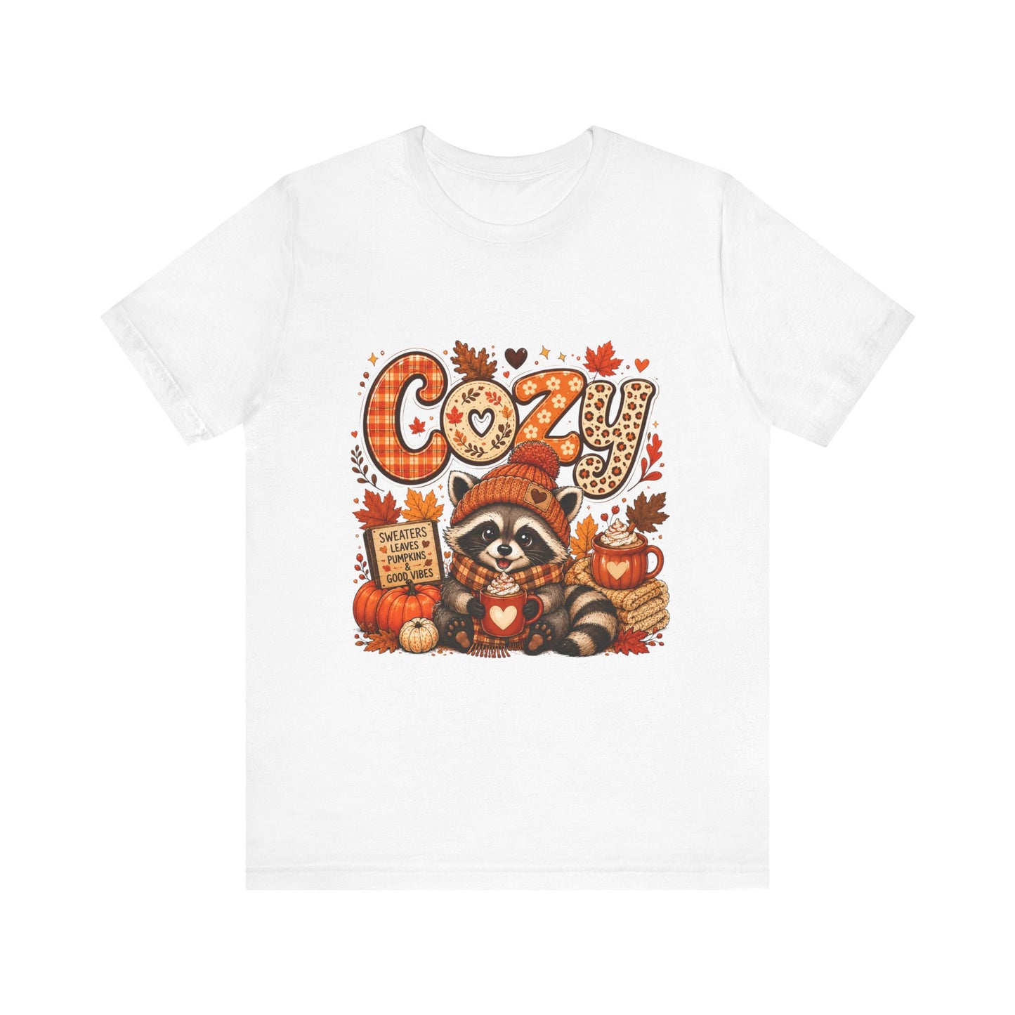 Cozy Raccoon Pumpkin Autumn Tee | Fall Leaves, Hot Cocoa, Plaid Letters
