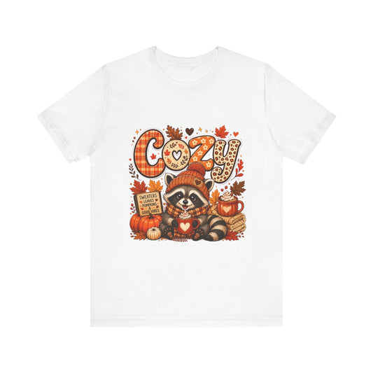 Cozy Raccoon Pumpkin Autumn Tee | Fall Leaves, Hot Cocoa, Plaid Letters