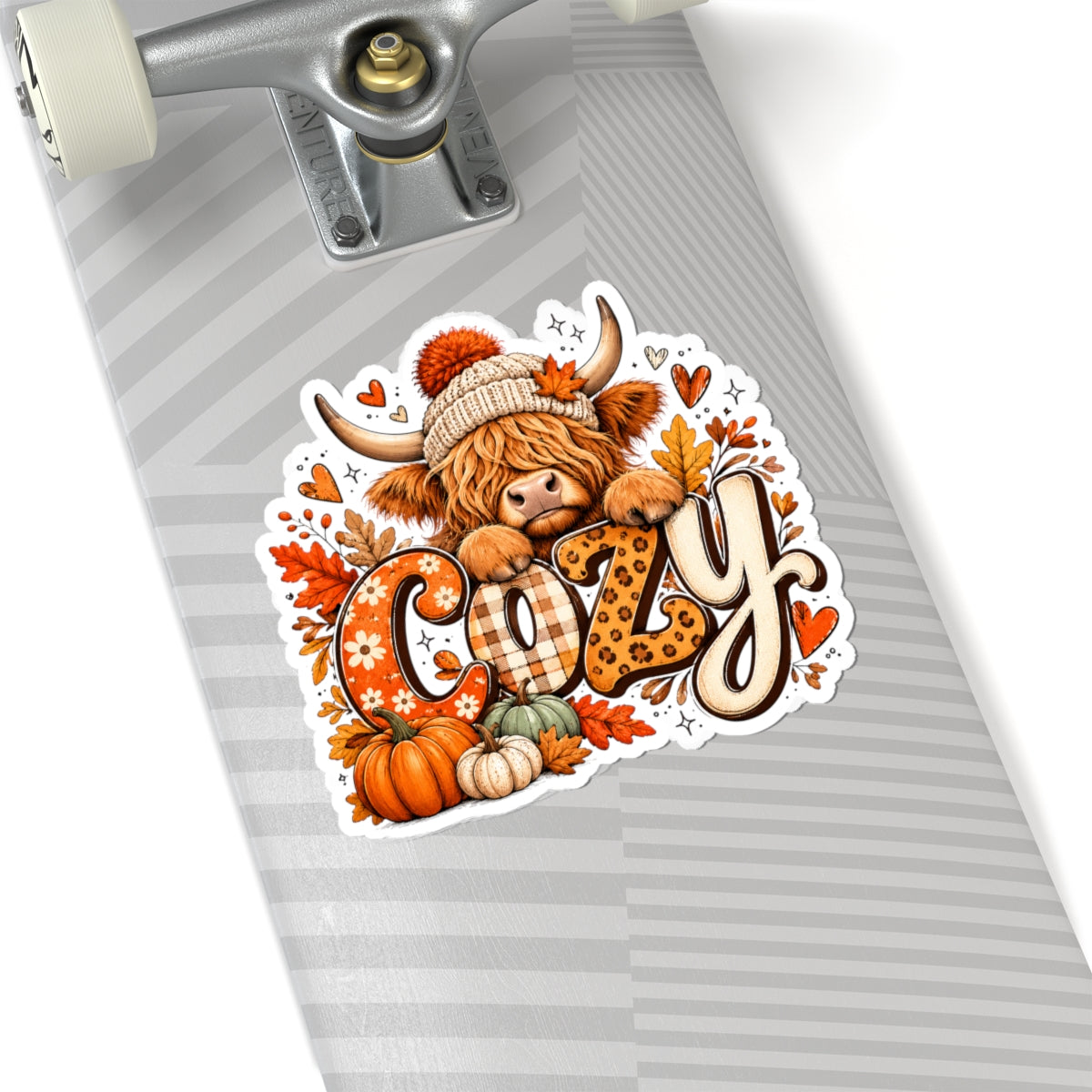 Cozy Highland Cow Kiss-Cut Sticker | Fall Pumpkin Leaves Laptop Decal