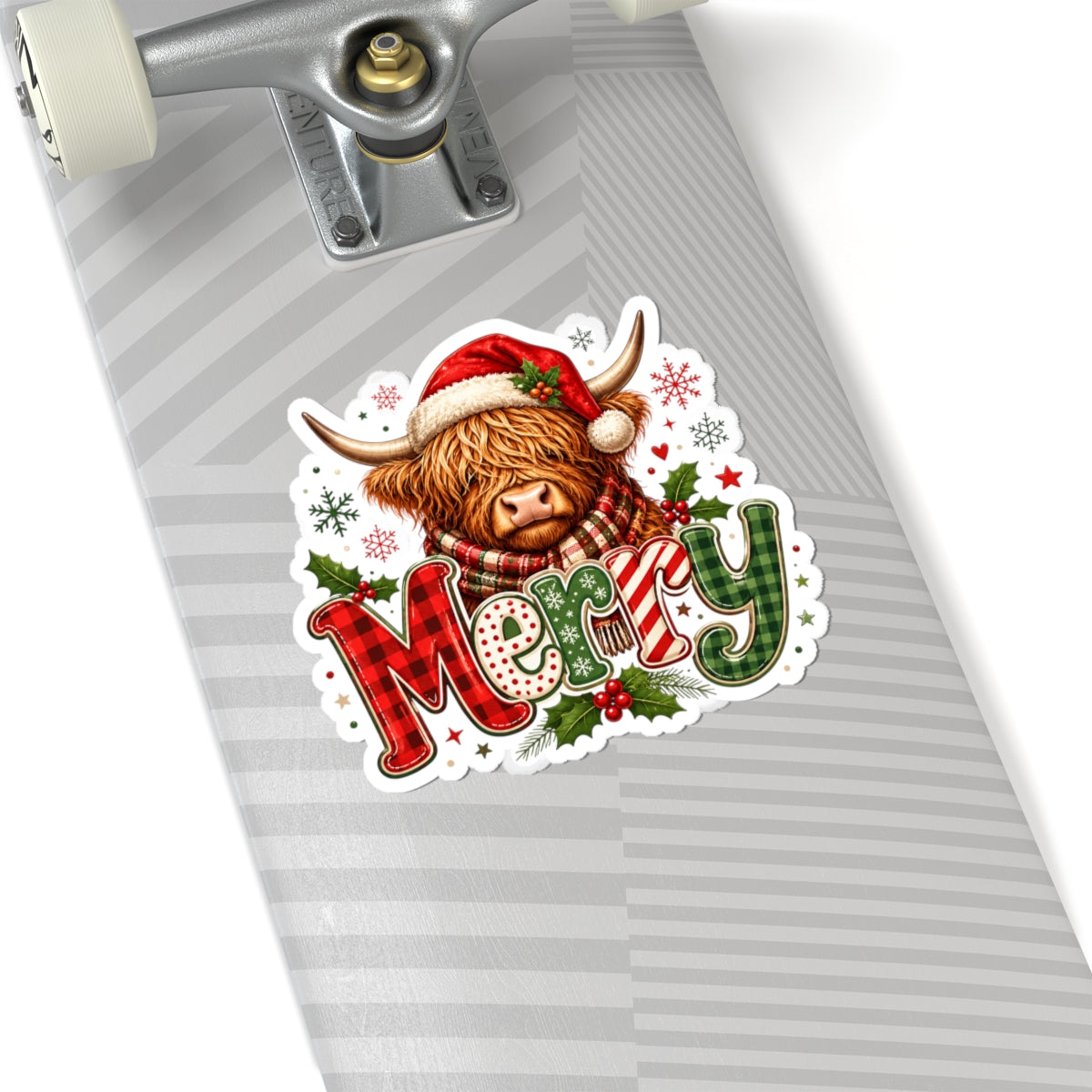 Merry Highland Cow Holiday Sticker — Festive Christmas Kiss-Cut Decal