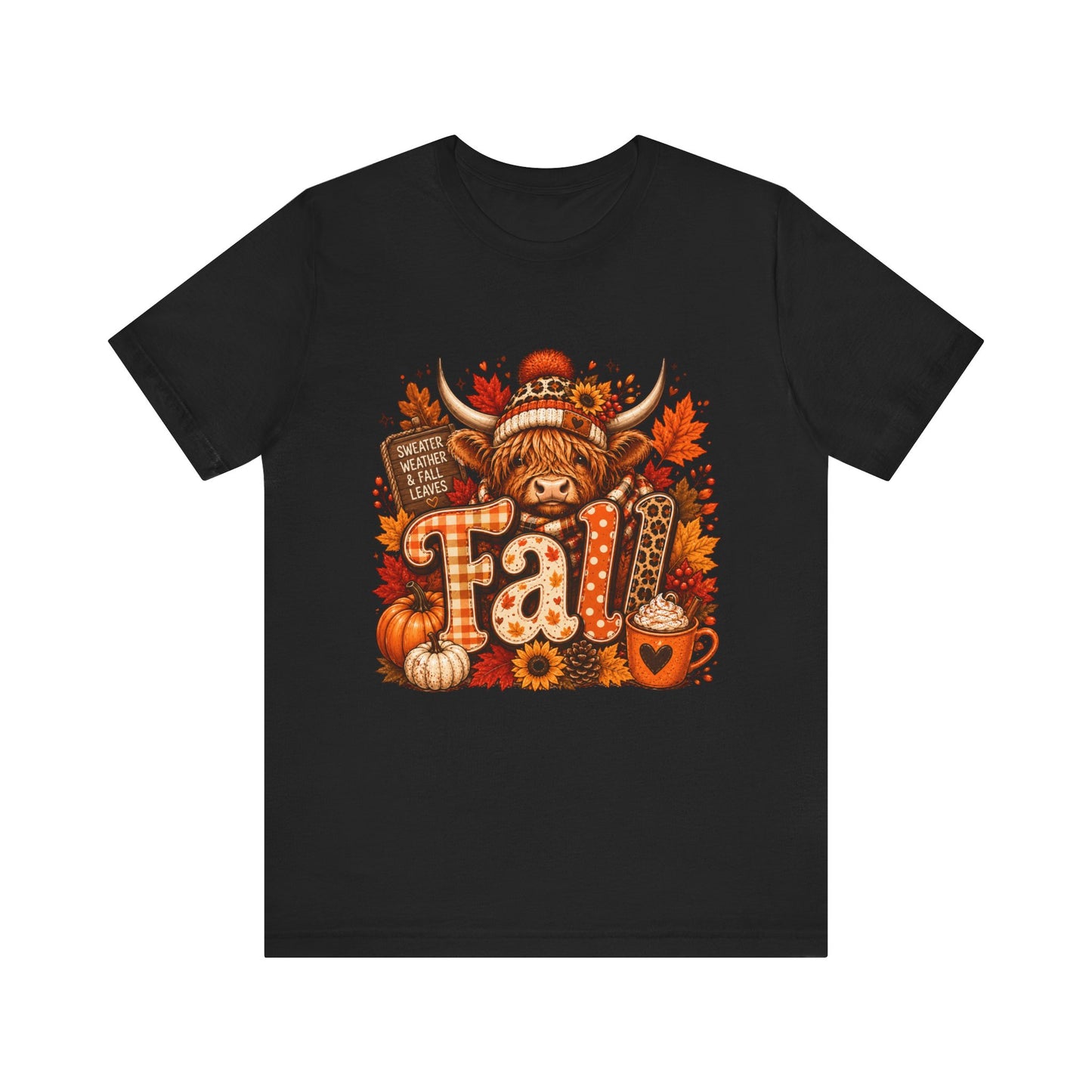 Highland Cow Fall Tee | Autumn Pumpkin Leaves, Sunflower Coffee Cup