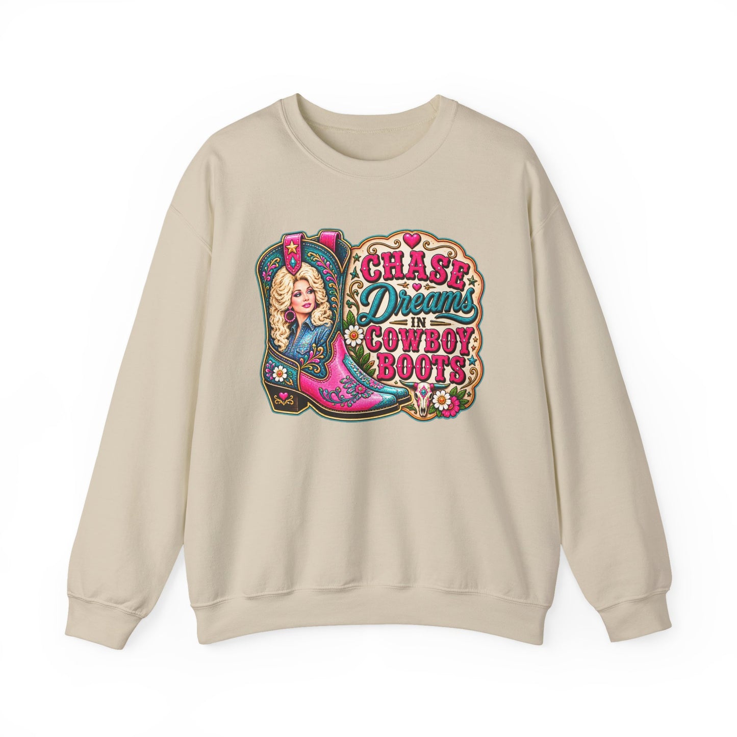 Crewneck Sweatshirt - "Chase Dreams in Cowboy Boots" Retro Western Graphic