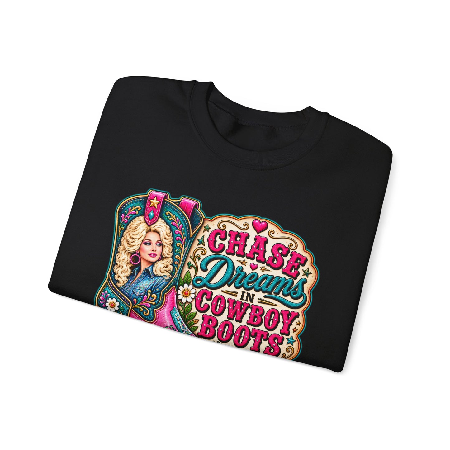 Crewneck Sweatshirt - "Chase Dreams in Cowboy Boots" Retro Western Graphic