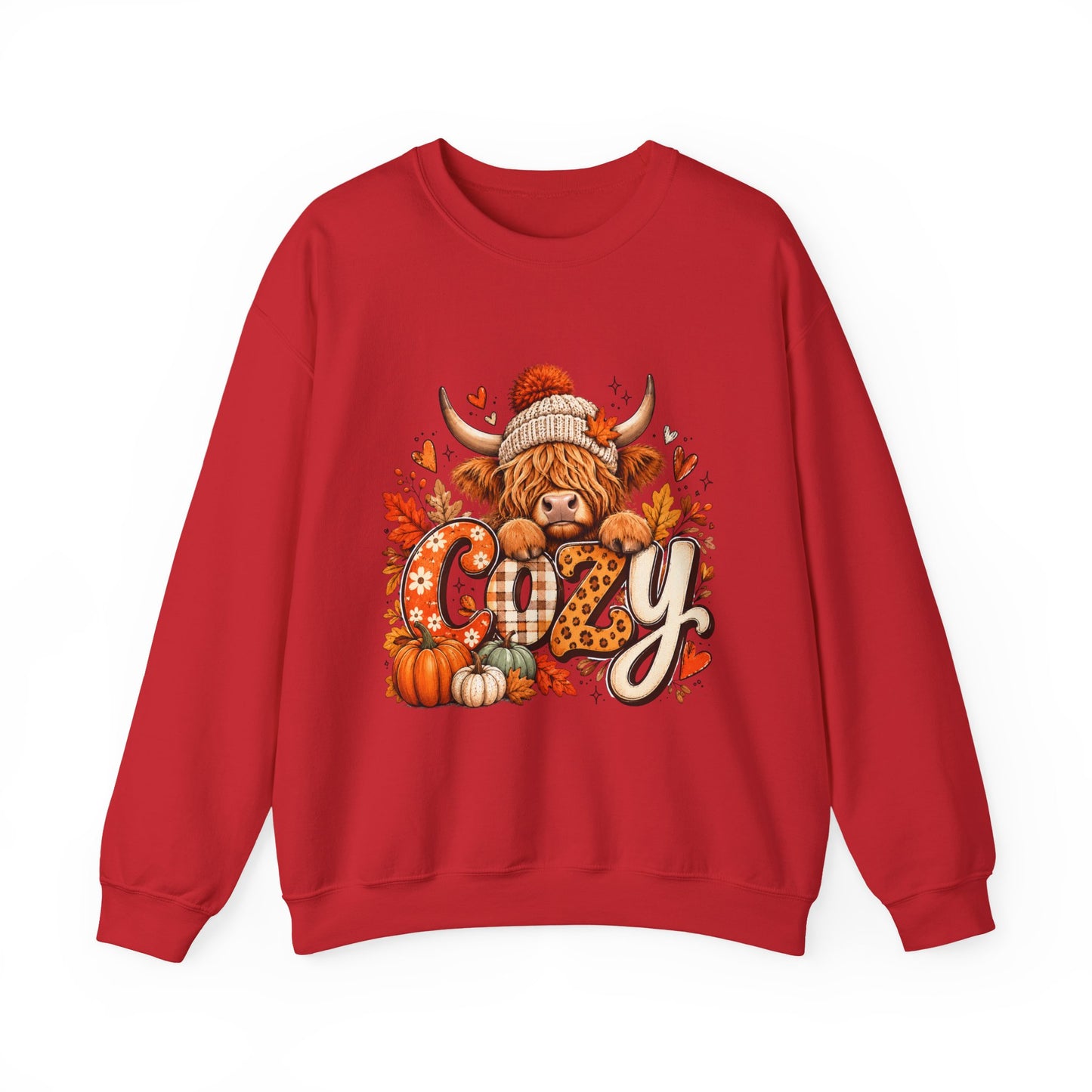 Cozy Highland Cow fall sweatshirt | pumpkin leaves autumn cozy design