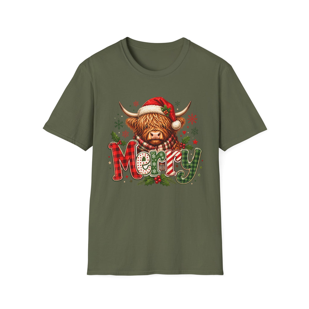 Merry Highland Cow Christmas Graphic T-Shirt