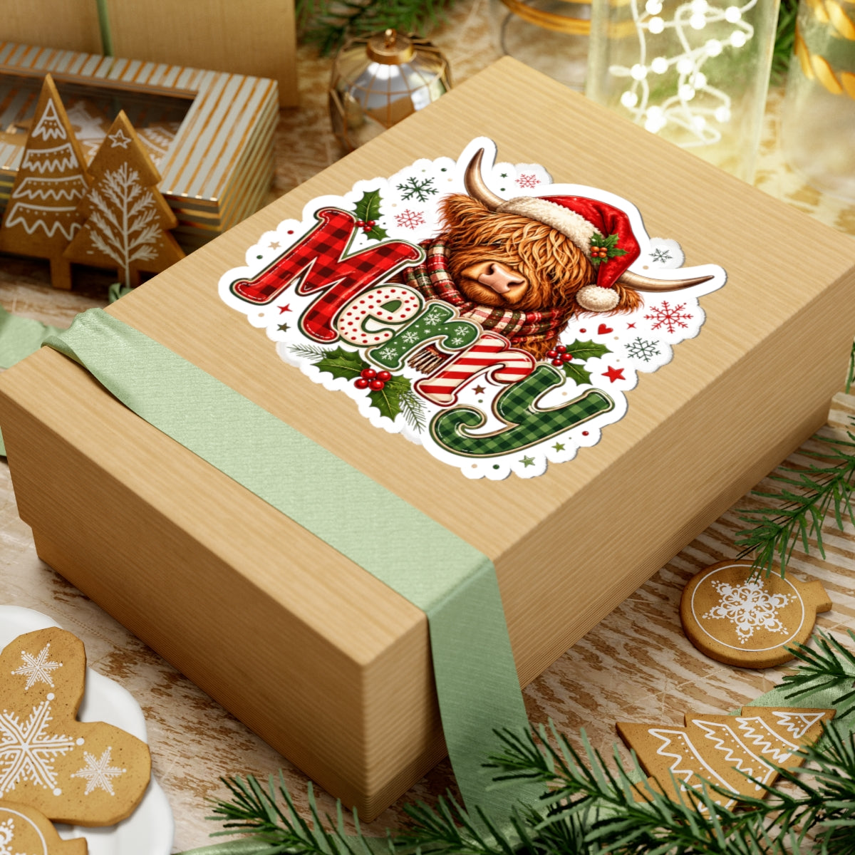 Merry Highland Cow Holiday Sticker — Festive Christmas Kiss-Cut Decal