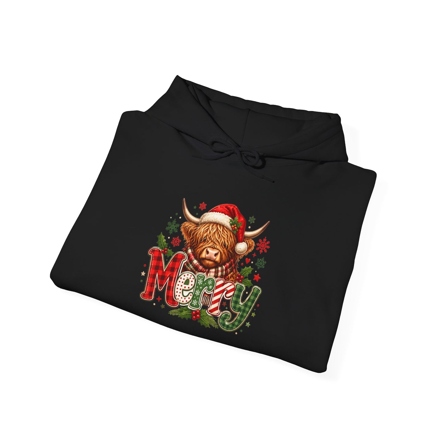 Christmas Highland Cow 'Merry' Hoodie – Cute Plaid Holiday Sweatshirt