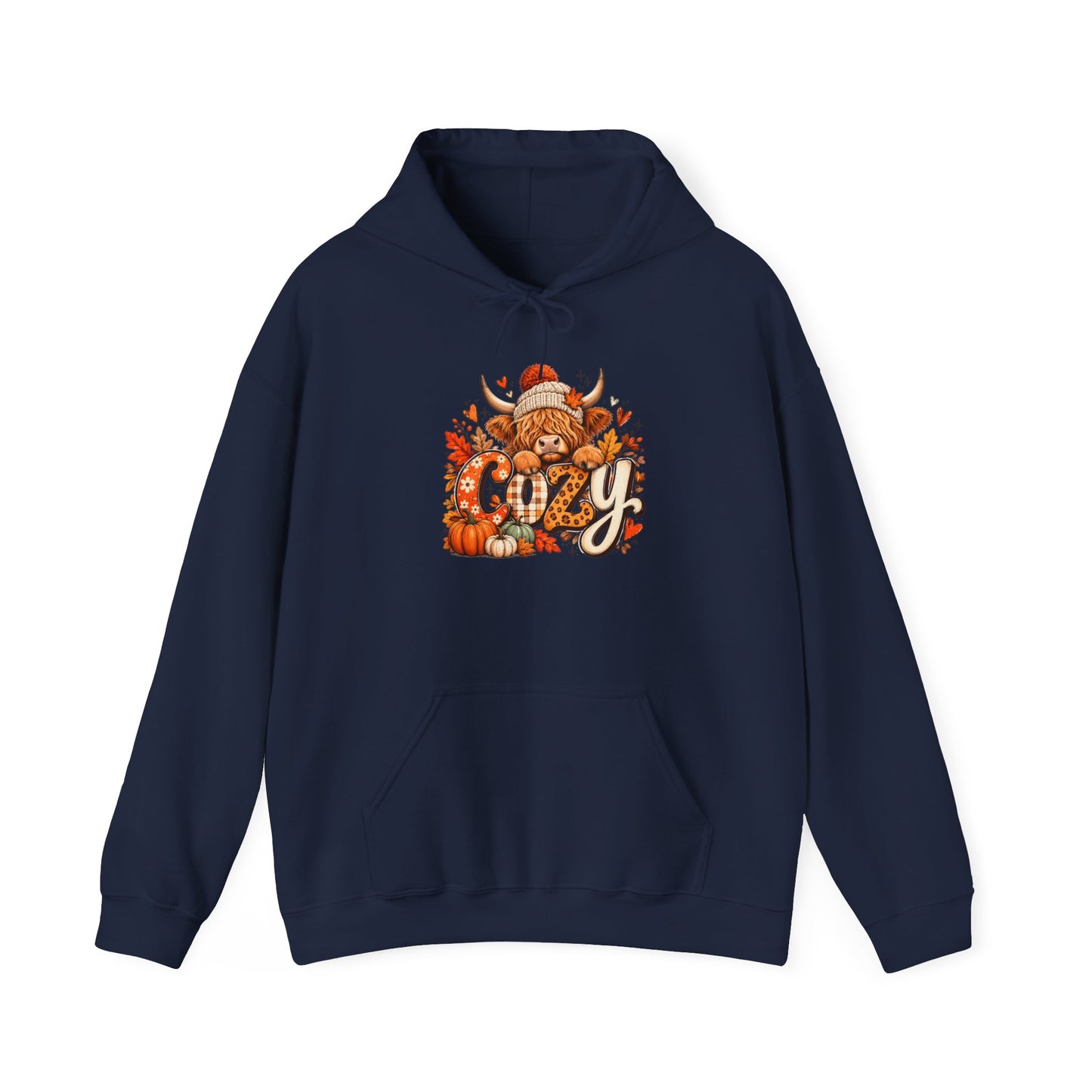 Cozy Highland Cow Hoodie | Autumn Leaves, Cute Cow Illustration
