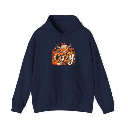 Cozy Highland Cow Hoodie | Autumn Leaves, Cute Cow Illustration
