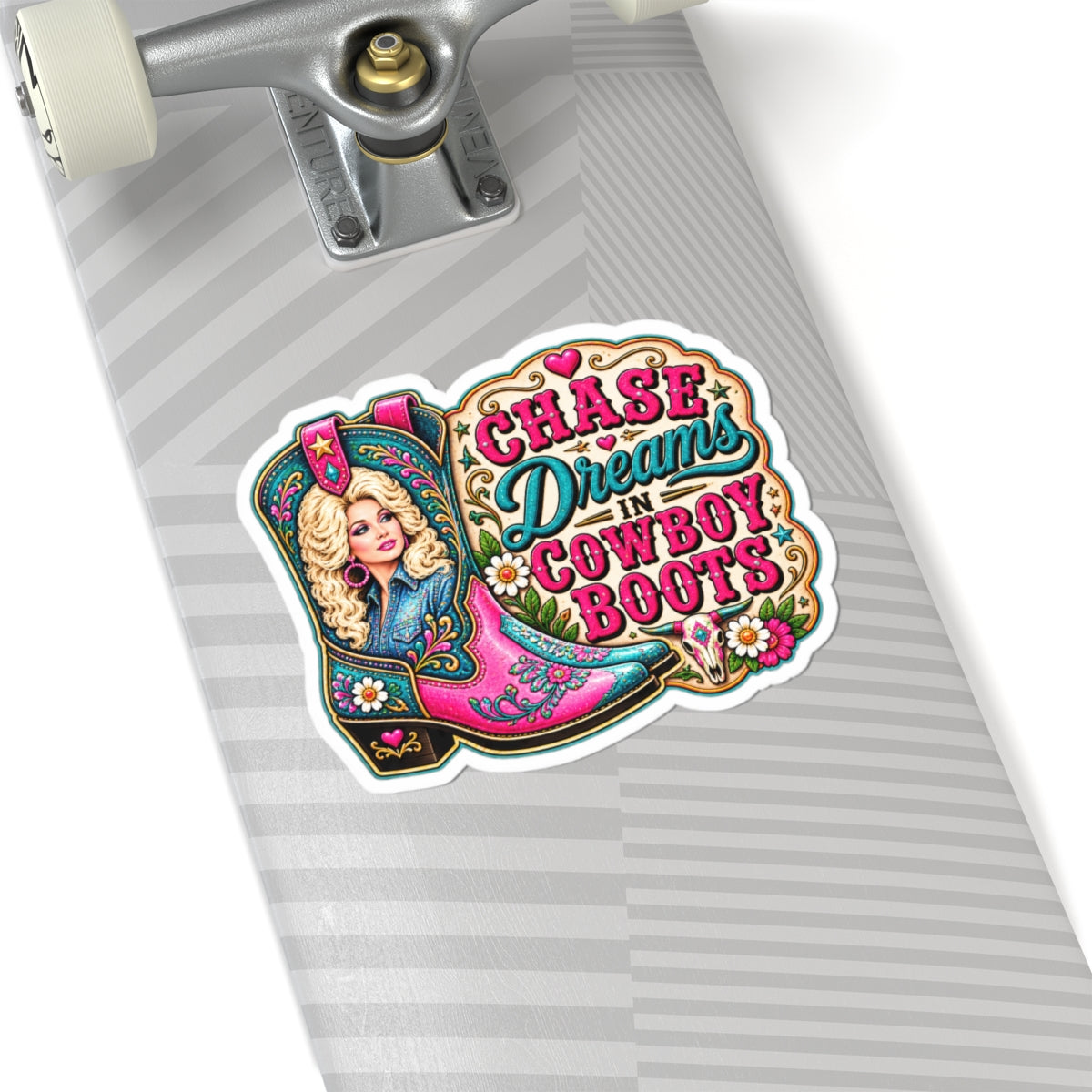 Chase Dreams in Cowboy Boots Kiss-Cut Sticker — Pink Western Cowgirl Boot Design