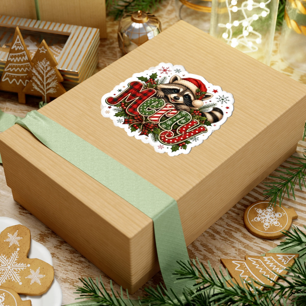 Merry Raccoon Christmas Sticker