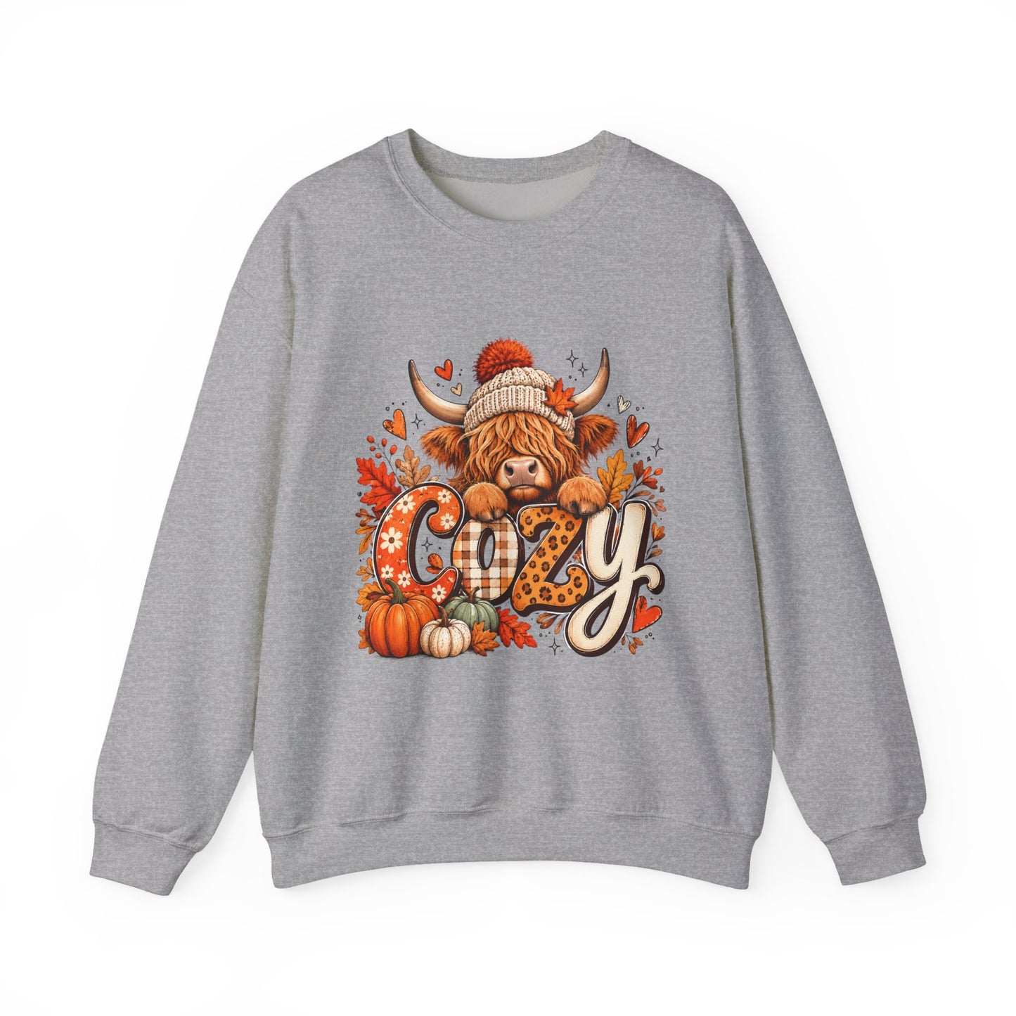 Cozy Highland Cow Fall Sweatshirt | Autumn Pumpkin Leaves