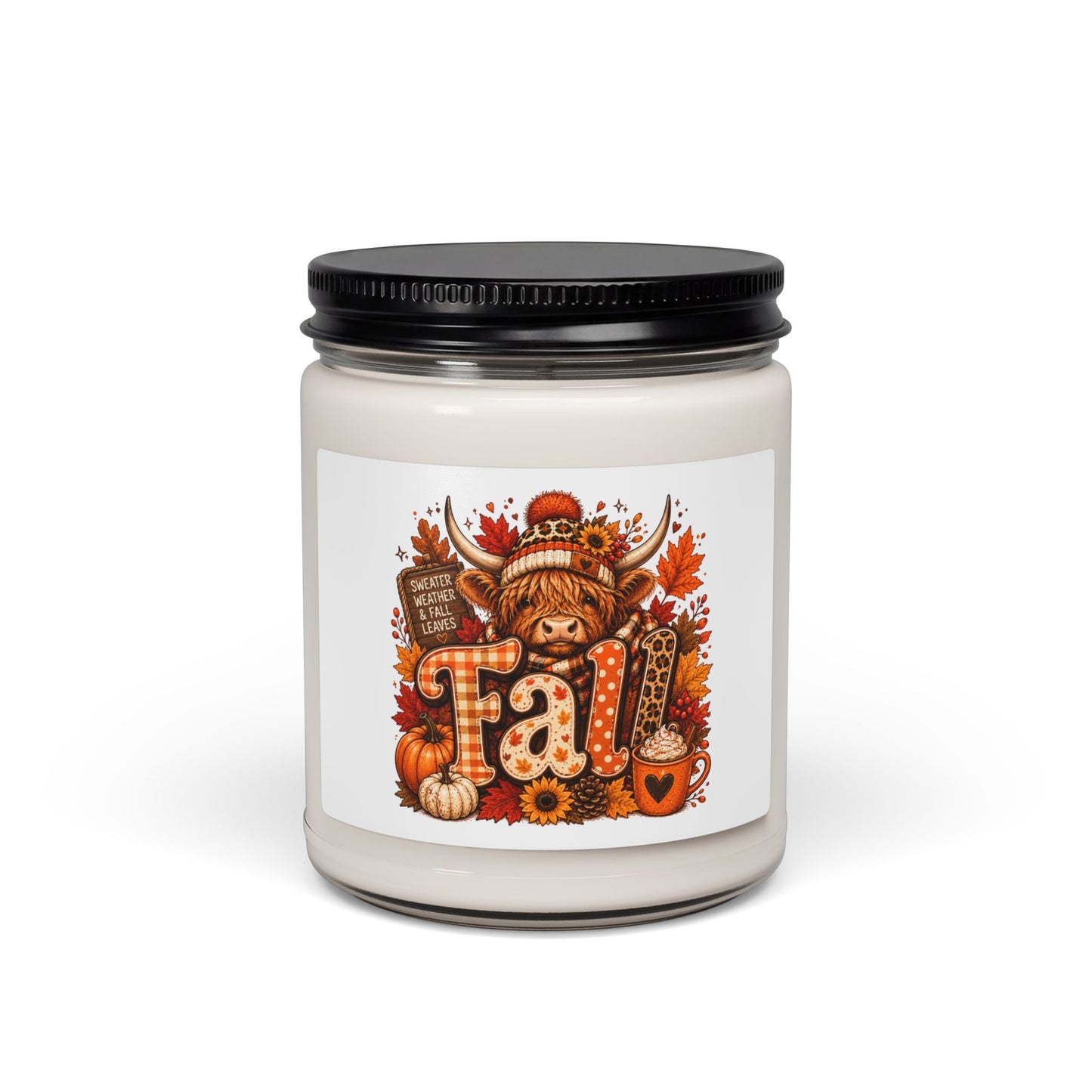 Fall Highland Cow Candle 9oz Soy Jar | Autumn Pumpkin Leaves Scented