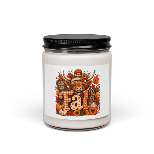 Fall Highland Cow Candle 9oz Soy Jar | Autumn Pumpkin Leaves Scented