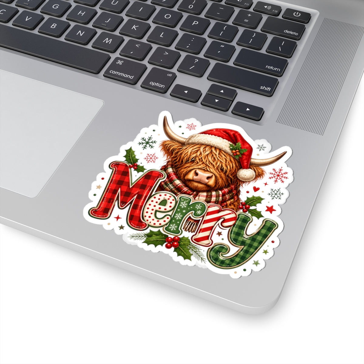Merry Highland Cow Holiday Sticker — Festive Christmas Kiss-Cut Decal