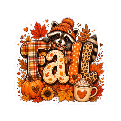 Fall Raccoon Sticker | Autumn Leaves Pumpkin Hot Cocoa Kiss-Cut Sticker