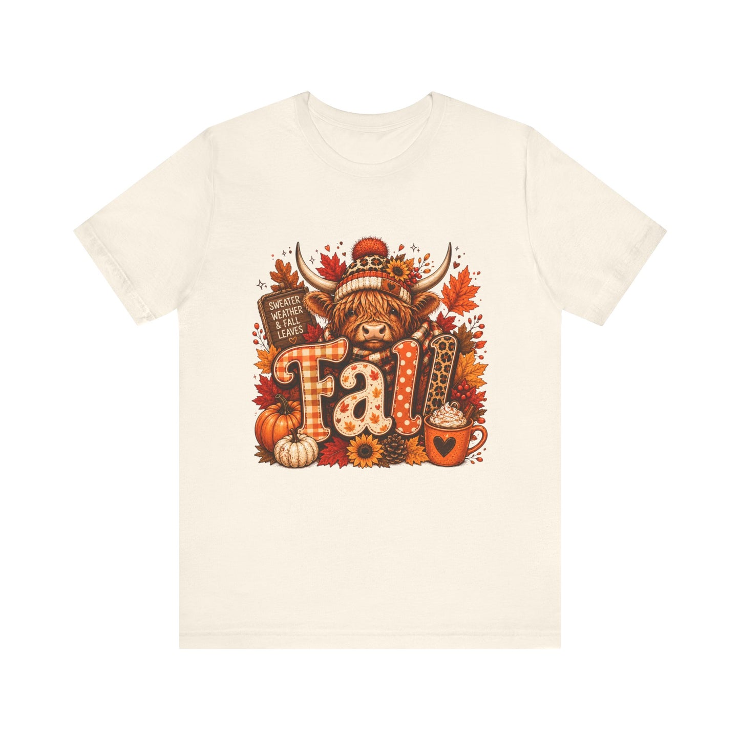 Highland Cow Fall Tee | Autumn Pumpkin Leaves, Sunflower Coffee Cup