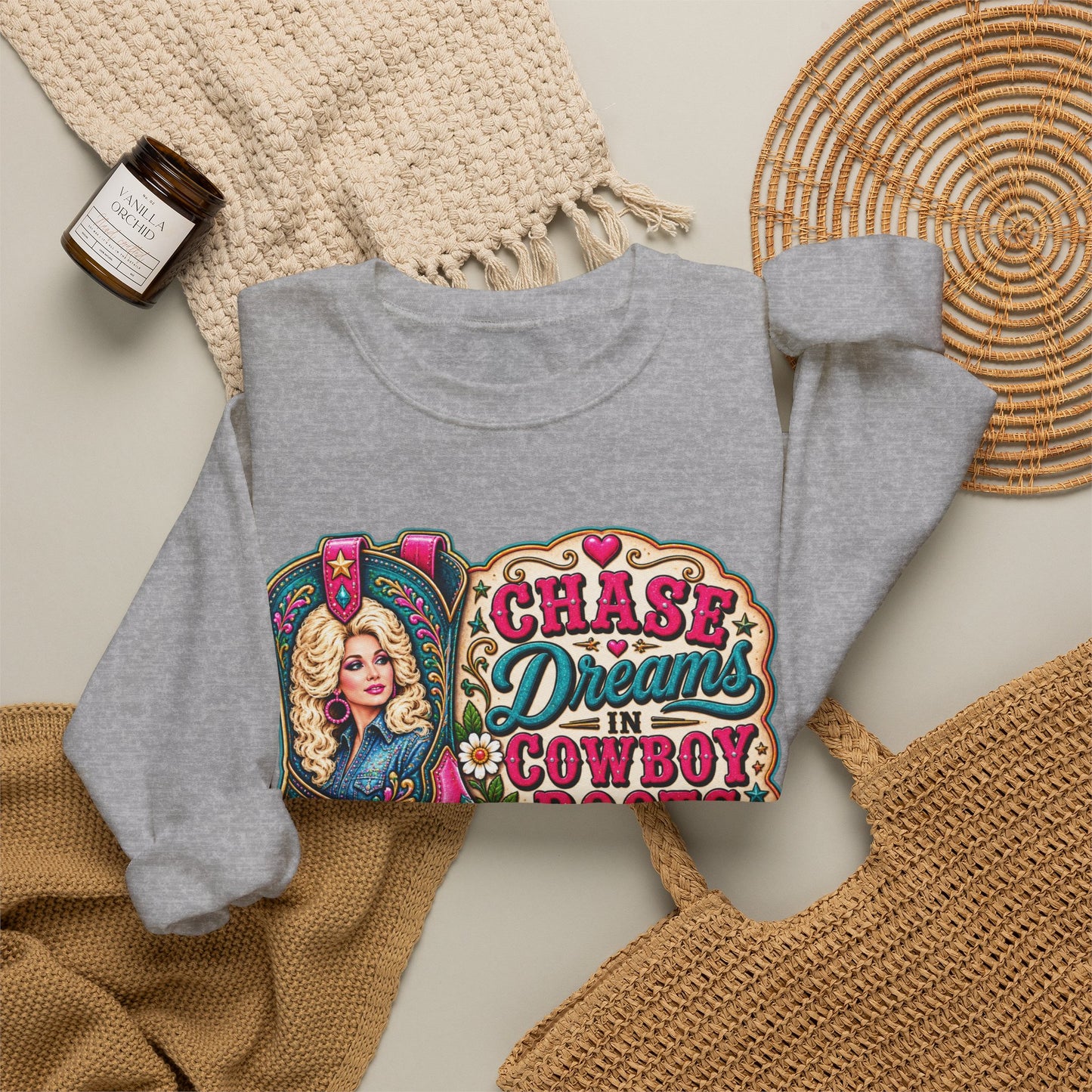 Crewneck Sweatshirt - "Chase Dreams in Cowboy Boots" Retro Western Graphic