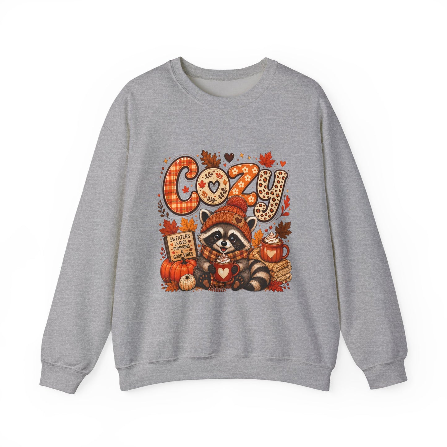 Cozy Raccoon Fall Crewneck Sweatshirt | Autumn Pumpkin Leaves