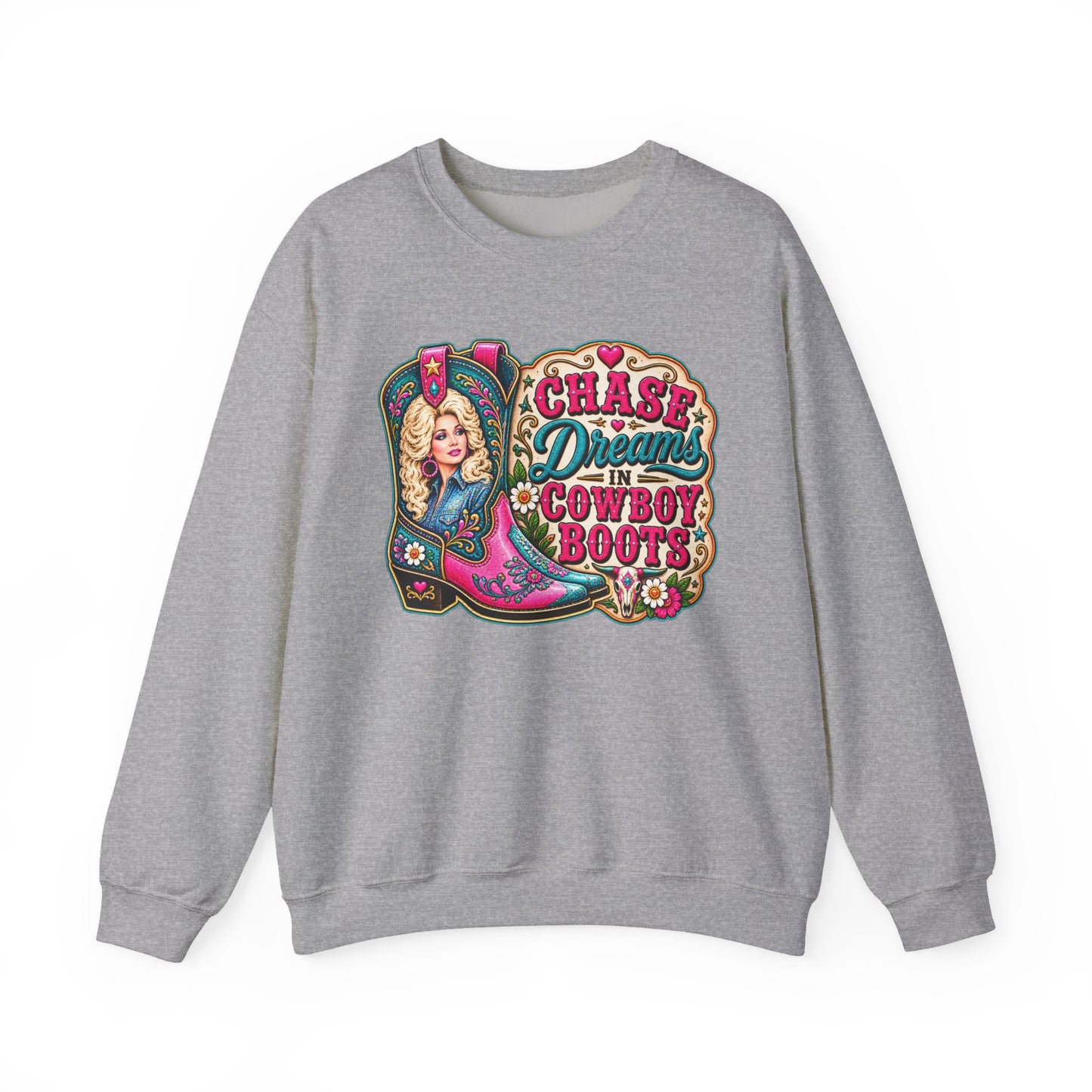 Crewneck Sweatshirt - "Chase Dreams in Cowboy Boots" Retro Western Graphic