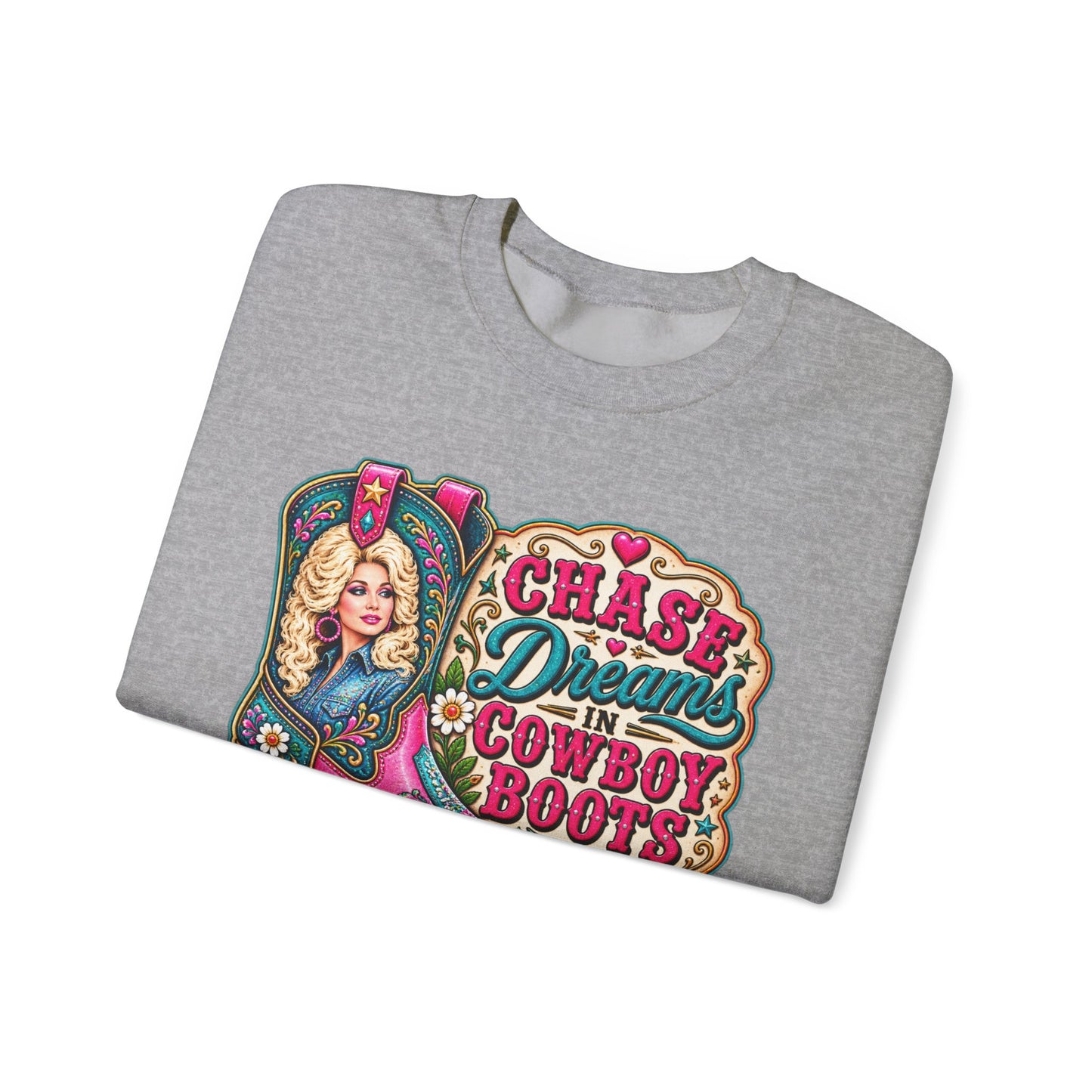 Crewneck Sweatshirt - "Chase Dreams in Cowboy Boots" Retro Western Graphic