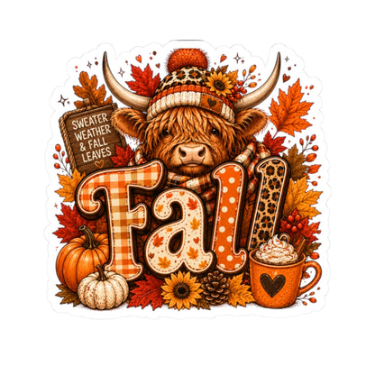 Highland Cow Fall Sticker Kiss-Cut | Autumn Leaves Pumpkin Coffee Laptop Decal