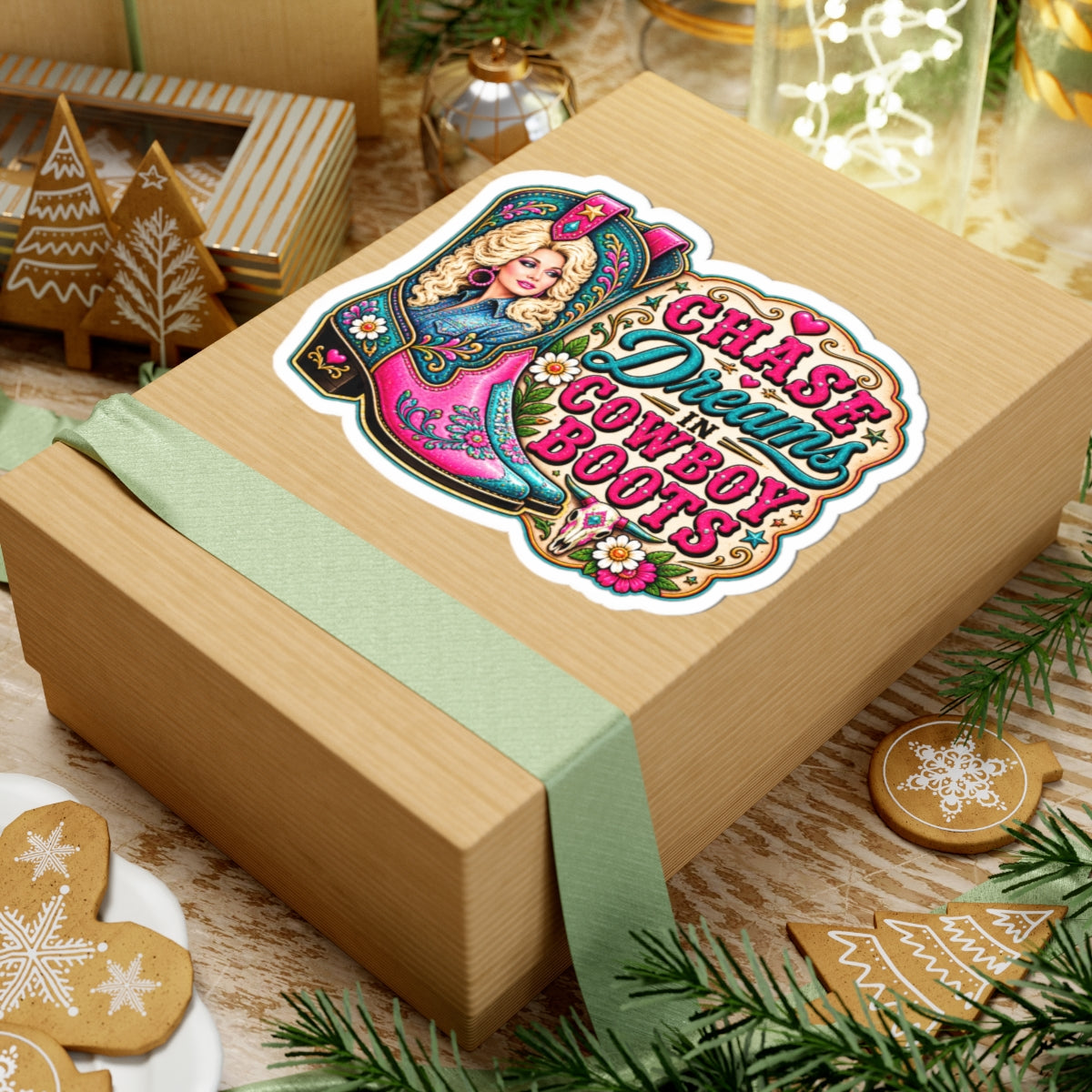 Chase Dreams in Cowboy Boots Kiss-Cut Sticker — Pink Western Cowgirl Boot Design