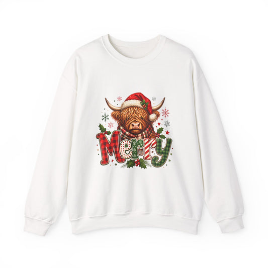 Christmas Highland Cow "Merry" Crewneck Sweatshirt