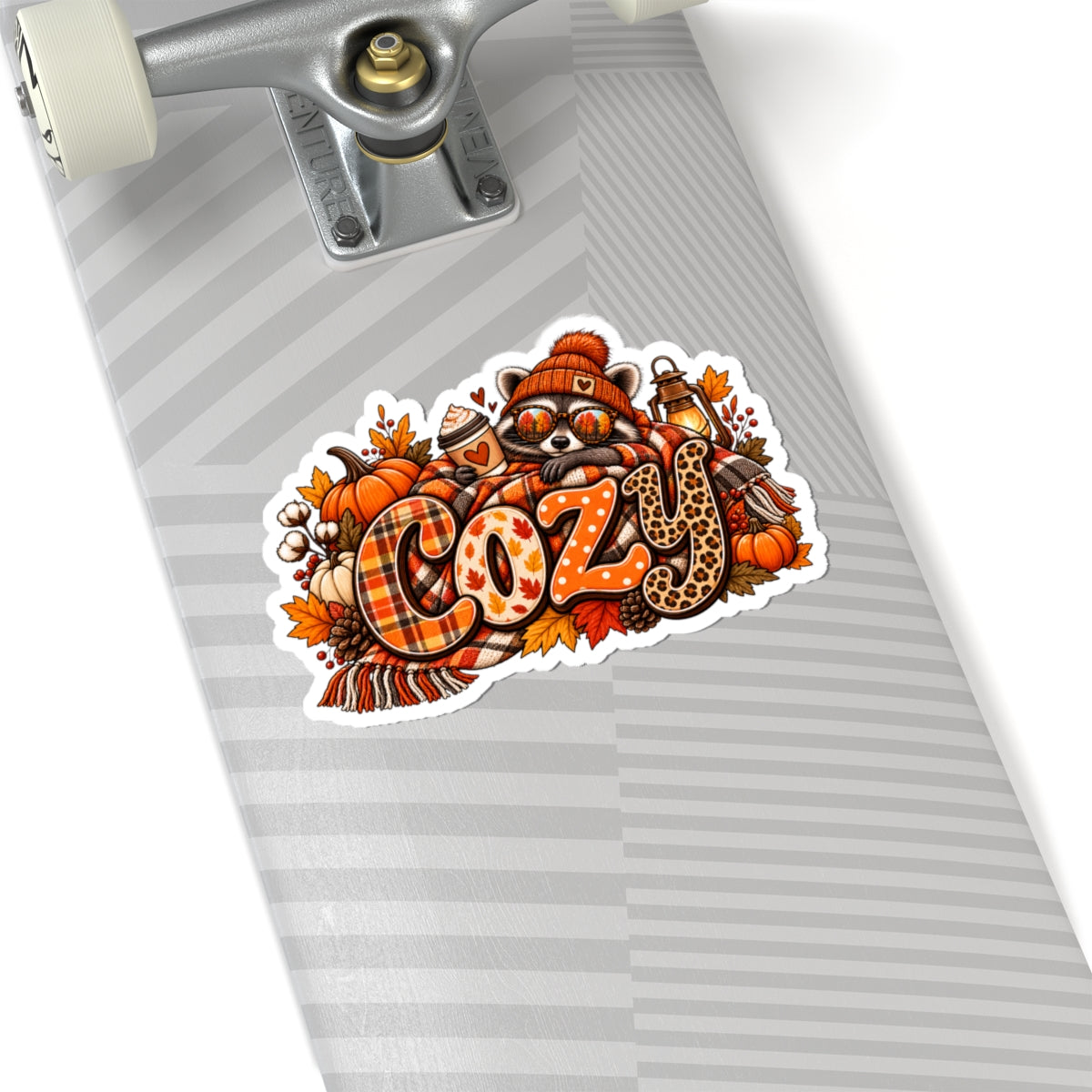 Cozy Autumn Racoon Sticker | Fall Pumpkins Plaid Leopard Kiss-Cut Sticker