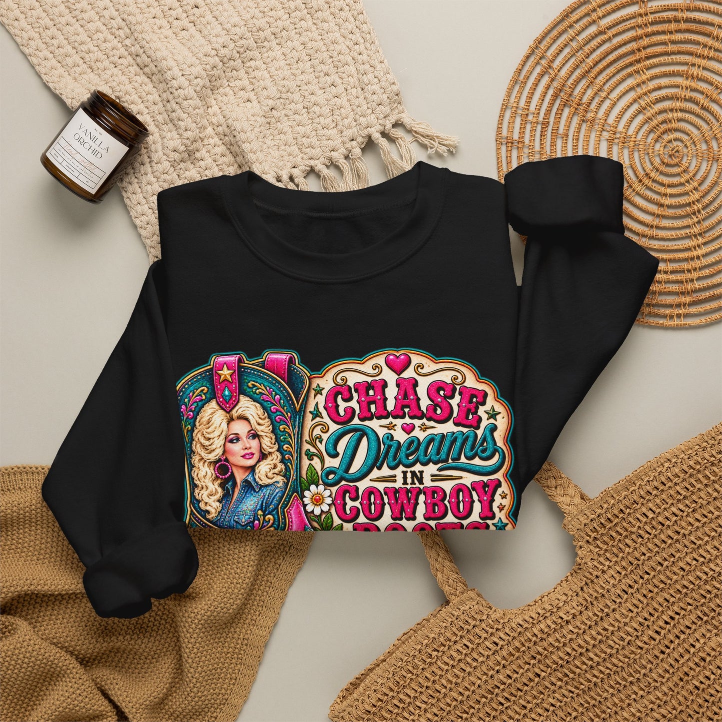 Crewneck Sweatshirt - "Chase Dreams in Cowboy Boots" Retro Western Graphic