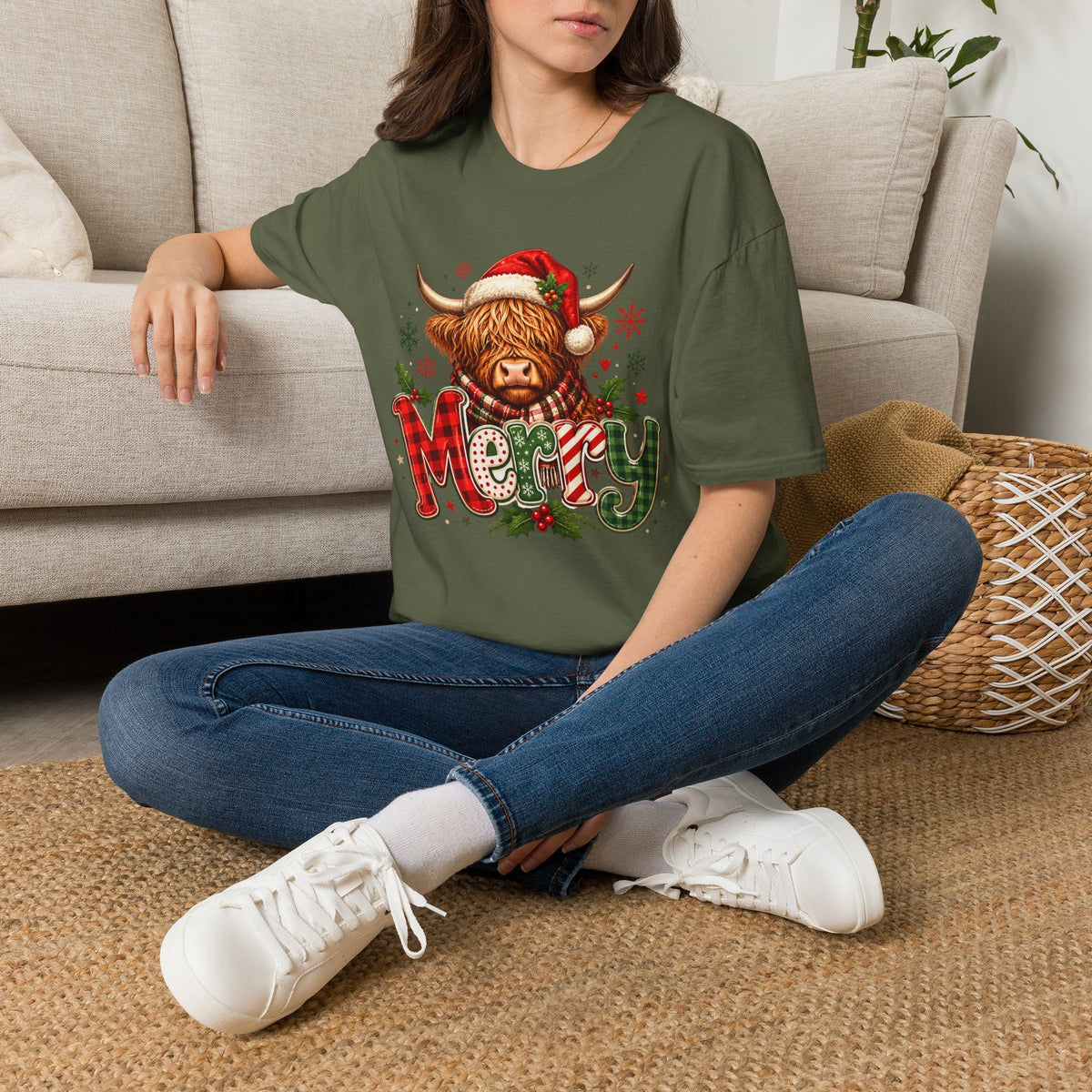 Merry Highland Cow Christmas Graphic T-Shirt