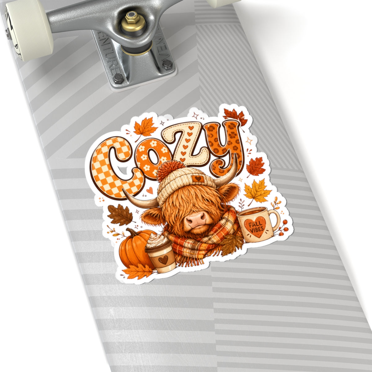 Cozy Highland Cow Sticker | Fall Vibes Autumn Pumpkin Latte Kiss-Cut