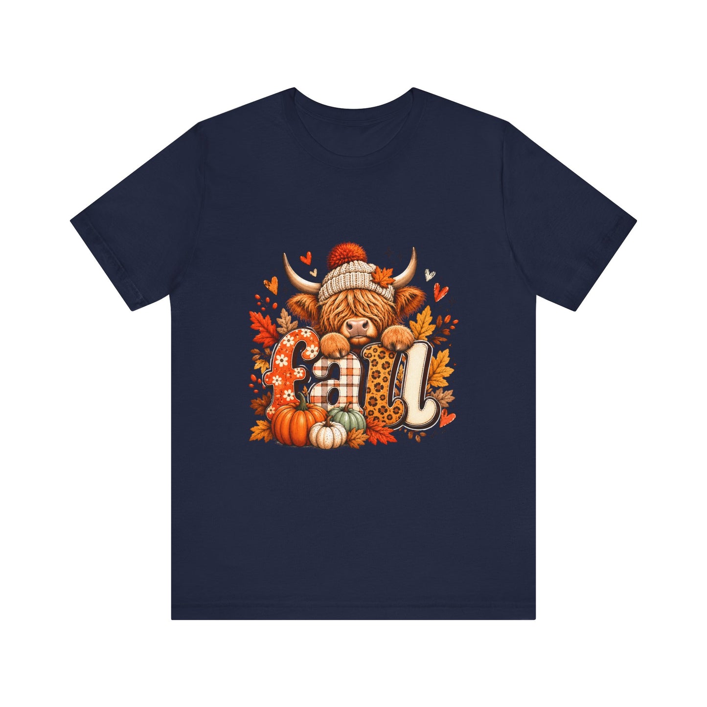 Autumn Highland Cow Tee | Fall Pumpkins, Plaid Letters, Cozy Knit Hat