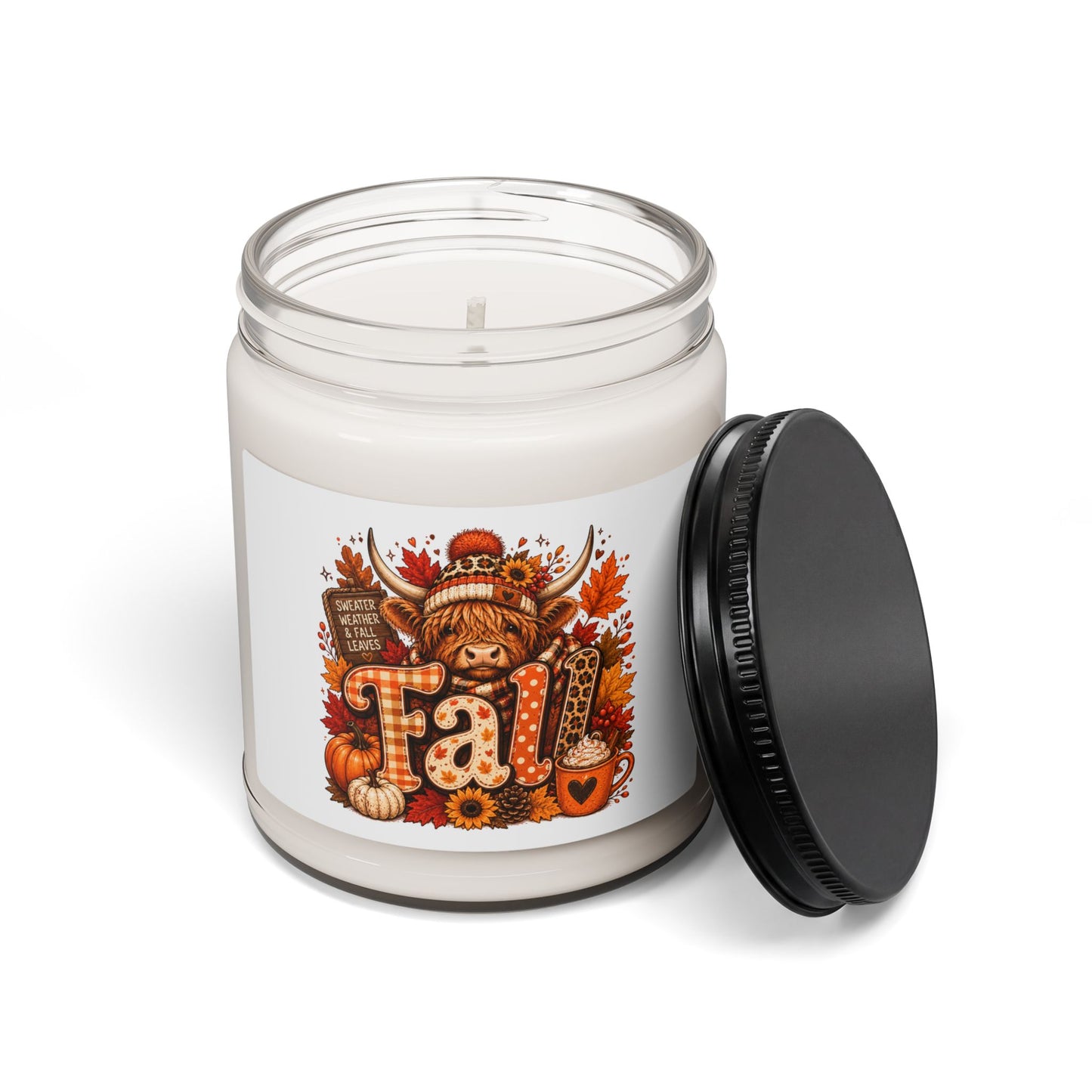 Fall Highland Cow Candle 9oz Soy Jar | Autumn Pumpkin Leaves Scented