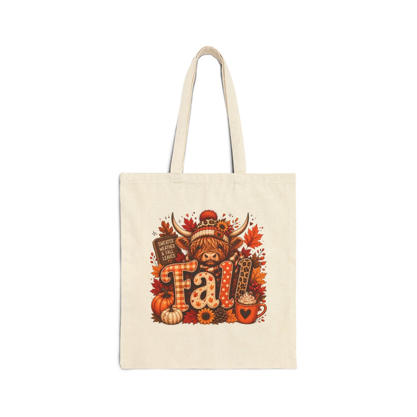 Highland Cow Fall Tote Bag | Autumn Pumpkins Leaves Cozy Mug