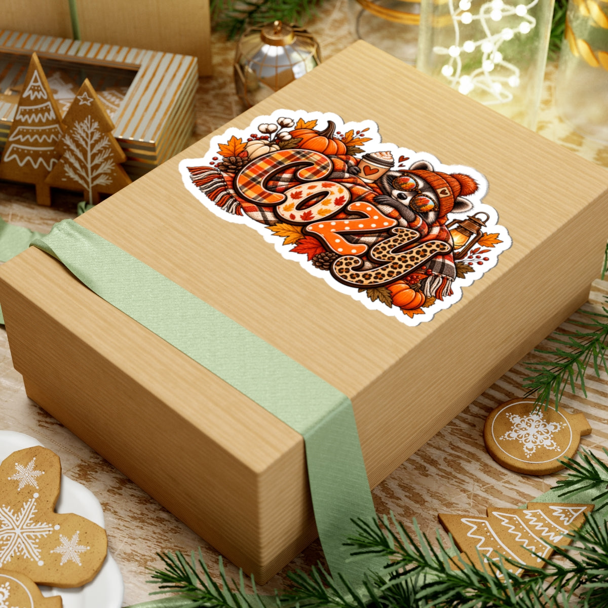 Cozy Autumn Racoon Sticker | Fall Pumpkins Plaid Leopard Kiss-Cut Sticker