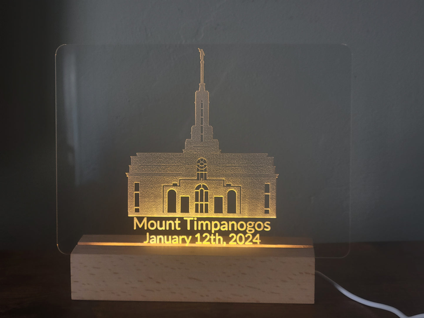 Acrylic sign with wooden LED base