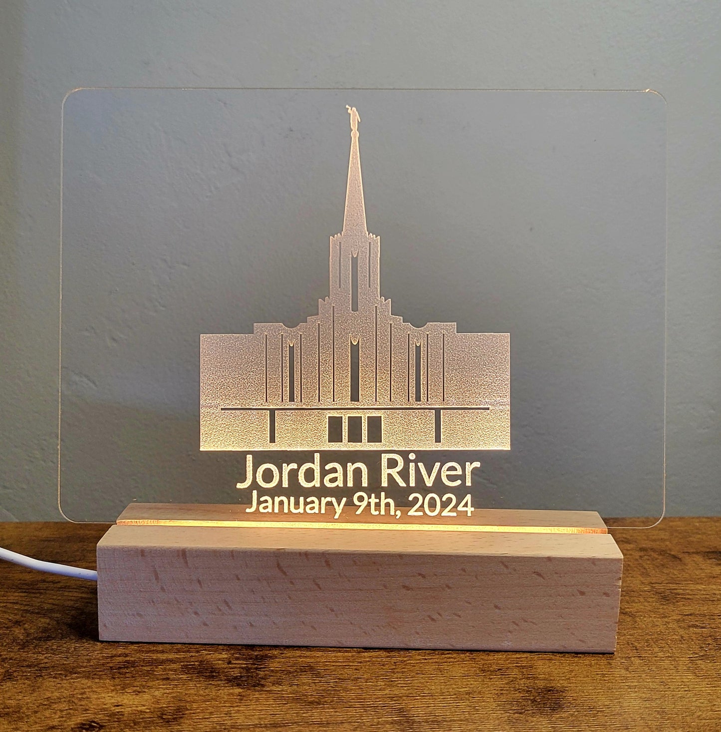 Acrylic sign with wooden LED base